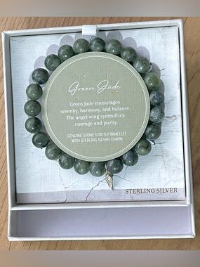 Genuine Green Jade with Sterling Silver Angel Wing charm | Stretch